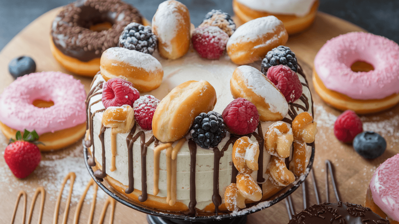 A donut cake displayed on a stand, surrounded by an assortment of donuts. Fresh berries, a dusting of powdered sugar, and drizzles of caramel and chocolate sauce adorn the cake. The backdrop features a rustic wooden board.