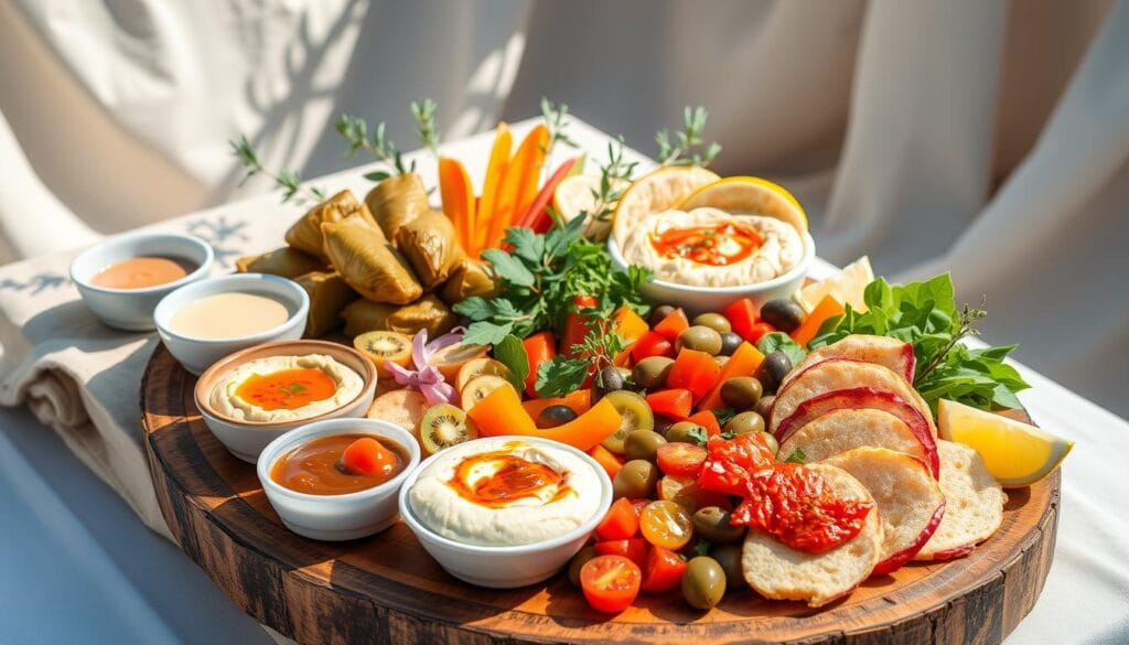 The image features an inviting arrangement of vegan appetizers, focusing on a beautifully prepared main dish: stuffed bell peppers brimming with quinoa and colorful vegetables, perfectly cooked and garnished with a touch of fresh parsley. The sides include crispy baked sweet potato wedges and a small bowl of creamy hummus with a sprinkle of paprika and a drizzle of olive oil. The scene is bathed in warm natural light on a light wooden table, creating a cozy and approachable vibe.