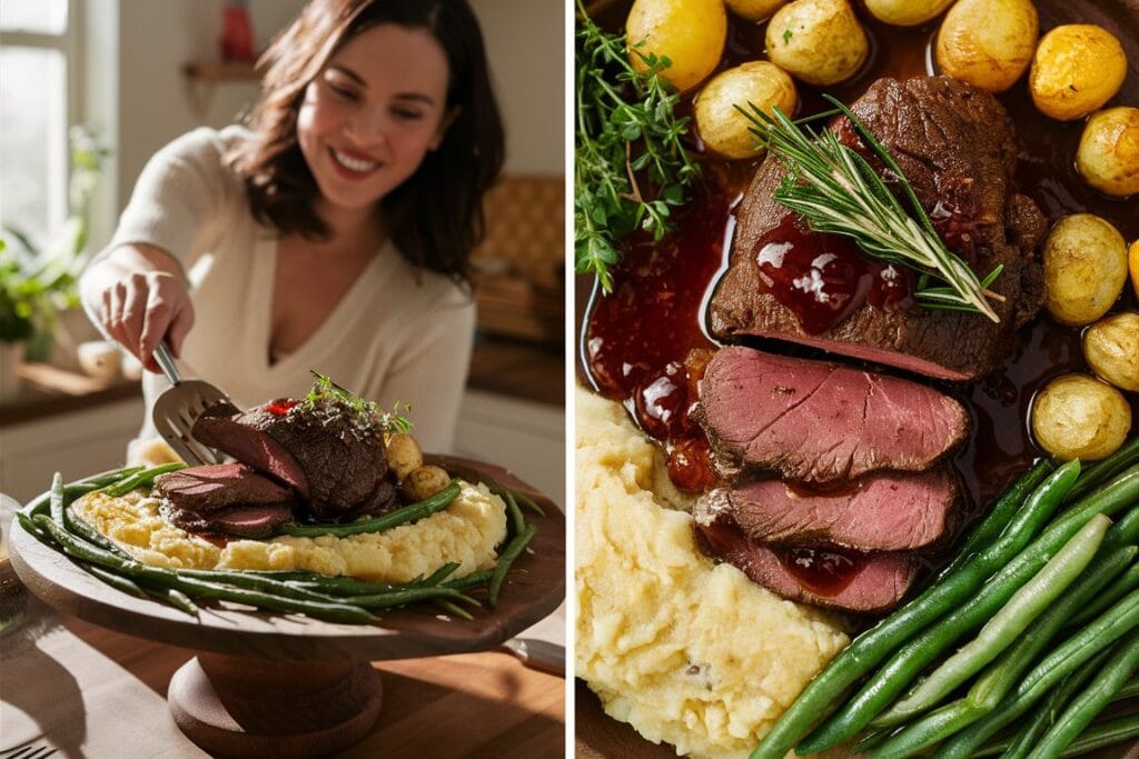 A talented female chef, wearing a stylish apron, elegantly presenting a beautifully cooked Beef Liver dish on a pristine white plate. The liver is perfectly cooked with a touch of pink in the center, garnished with fresh thyme and a lemon wedge. The dish is accompanied by creamy garlic mashed potatoes and a bundle of steamed asparagus. The bright, sunny kitchen features wooden flooring, white cabinets, and a large window letting in natural sunlight, creating a warm, inviting atmosphere.