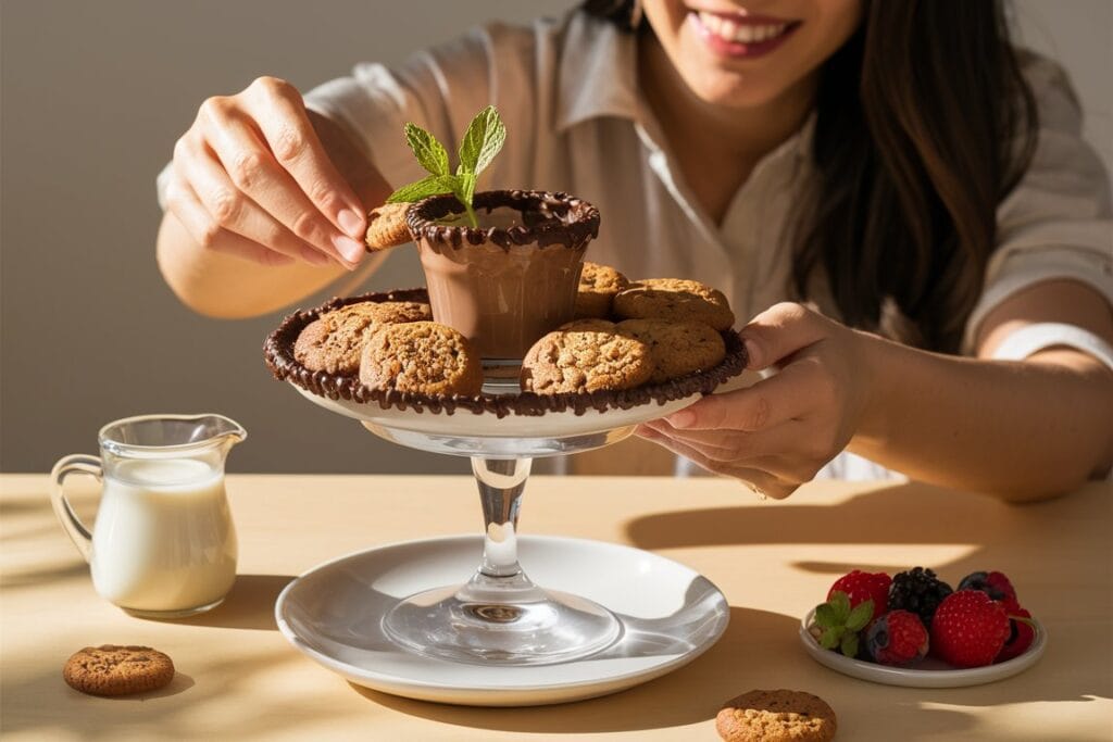 "A stunning photo of a woman serving an oatmeal cookie shot, topped with a sprig of mint and drizzled with chocolate syrup. Set on a rustic wooden table with a white tablecloth, the warm golden lighting creates an inviting, mouthwatering ambiance."