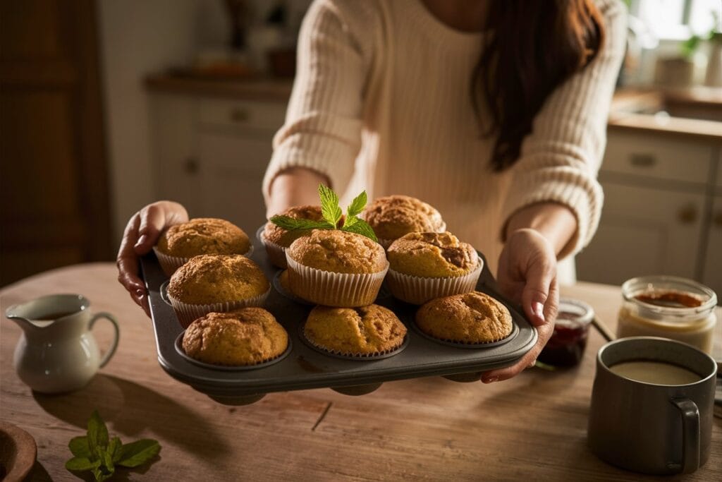 "A woman serving a plate of perfectly baked apple oatmeal muffins, garnished with fresh herbs. The scene includes classic sides like a glass of milk and fresh fruit, set in a bright, warm, and inviting atmosphere."