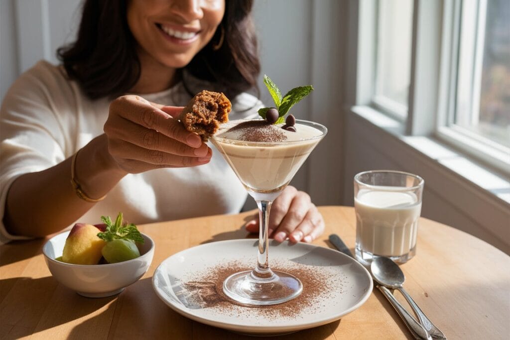 "A stunning photo of a woman serving an oatmeal cookie shot, topped with a sprig of mint and drizzled with chocolate syrup. Set on a rustic wooden table with a white tablecloth, the warm golden lighting creates an inviting, mouthwatering ambiance."