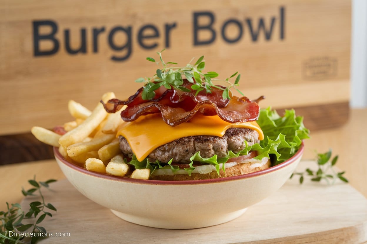 Delicious Burger Bowl featuring a perfectly cooked burger topped with melted cheese, crispy bacon, and fresh lettuce, served in a bowl with crispy fries on the side. The dish is garnished with fresh herbs, placed on a wooden board with the text 'Burger Bowl' in the background. A subtle footer reads 'dinedecisions.com', adding to the inviting and appetizing scene