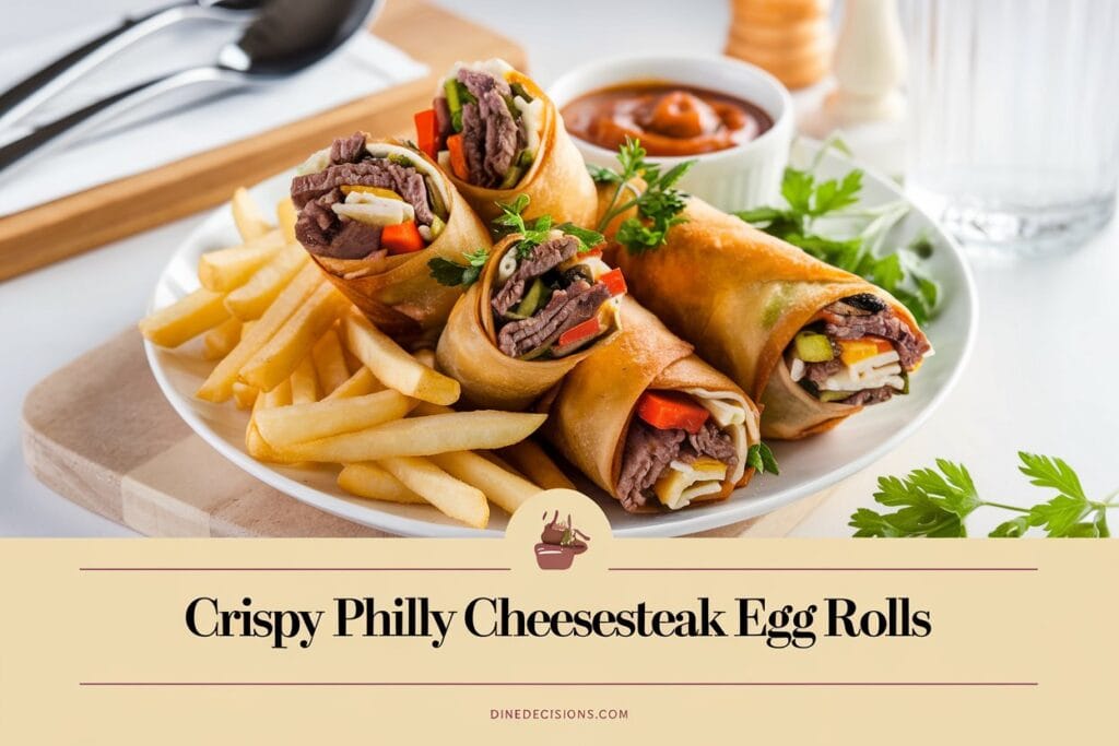 Golden and crispy Philly cheesesteak egg rolls filled with steak, cheese, and vegetables, served with French fries, dipping sauce, and fresh herb garnish on a wooden board. The image features a clean background with simple utensils and a subtle footer with 'dinedecisions.com' and the bold title 'Crispy Philly Cheesesteak Egg Rolls