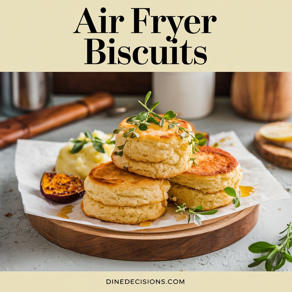 A delicious dish of golden brown air fryer biscuits, garnished with fresh herbs and drizzled with honey, served with mashed potatoes and roasted vegetables on a wooden board. The rustic kitchen background adds a cozy touch, with kitchen tools and ingredients in view. The image features the title "air fryer biscuits" at the top and "dinedecisions.com" at the bottom in a subtle font