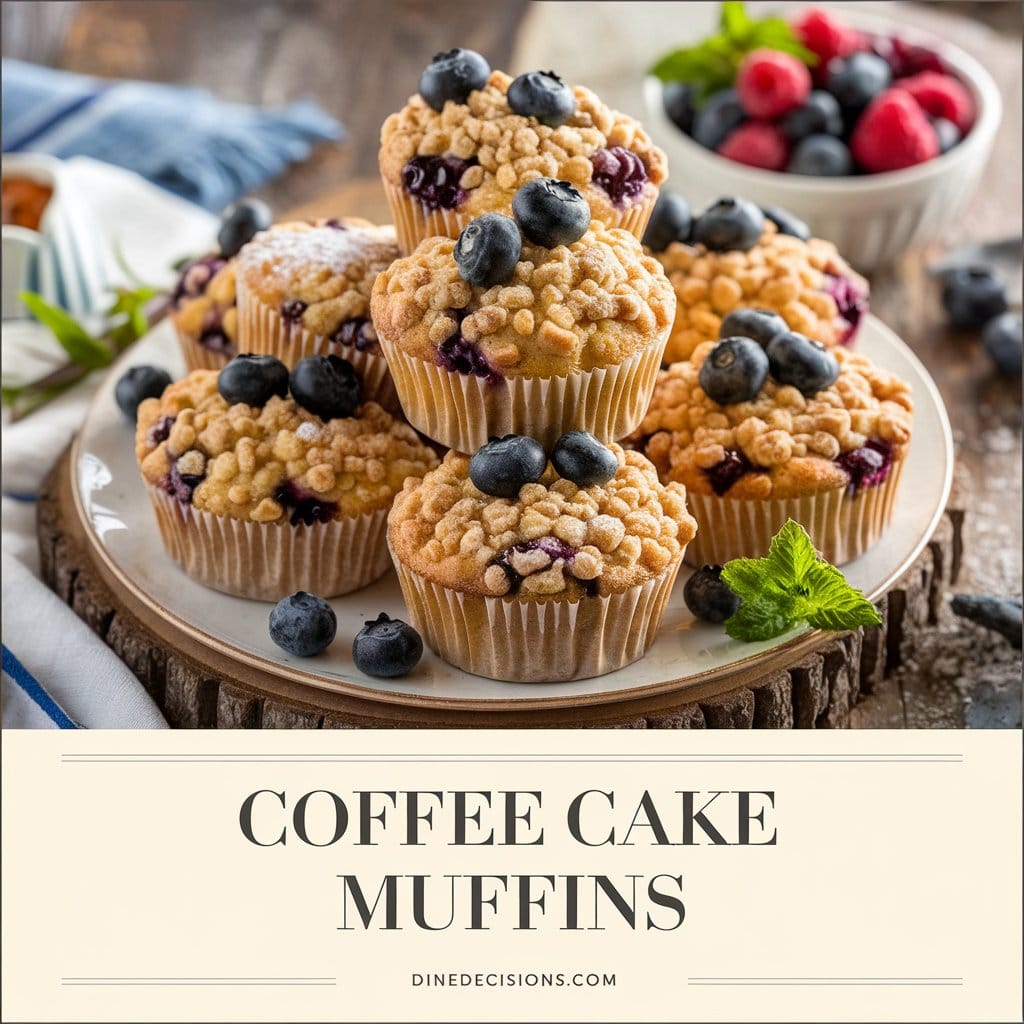 Golden brown coffee cake muffins with a crumble topping, garnished with fresh blueberries and a dusting of powdered sugar. Served on a rustic wooden platter with a side of fresh berries and a sprig of mint. Set against a warm, wooden table background with a cloth. The title 'Coffee Cake Muffins' is prominently displayed, along with the footer 'dinedecisions.com'.