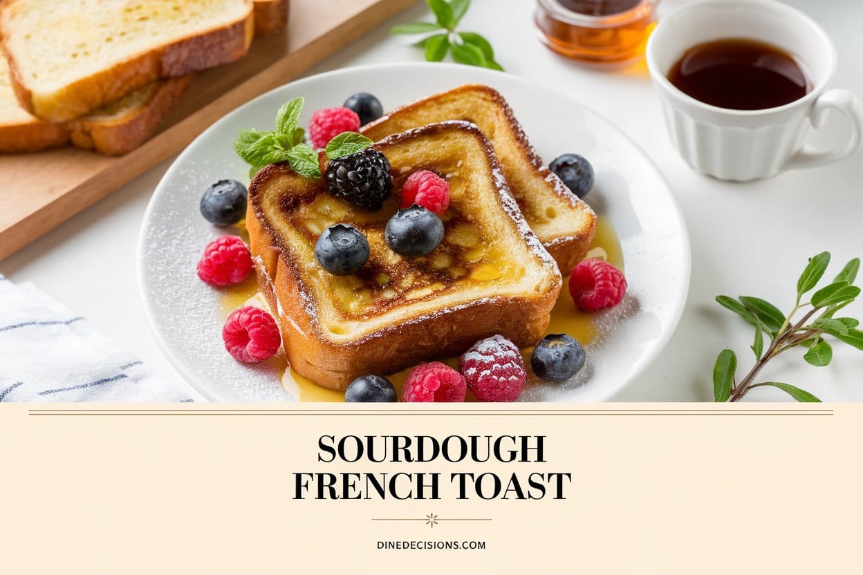 A plate of golden-brown sourdough French toast, garnished with fresh berries and a dusting of powdered sugar. The dish is paired with slices of sourdough bread, a cup of maple syrup, and sprigs of fresh herbs. The clean, simple background enhances the warm, inviting presentation. Bold text reading 'Sourdough French Toast' is centered, with 'dinedecisions.com' subtly displayed in the footer.