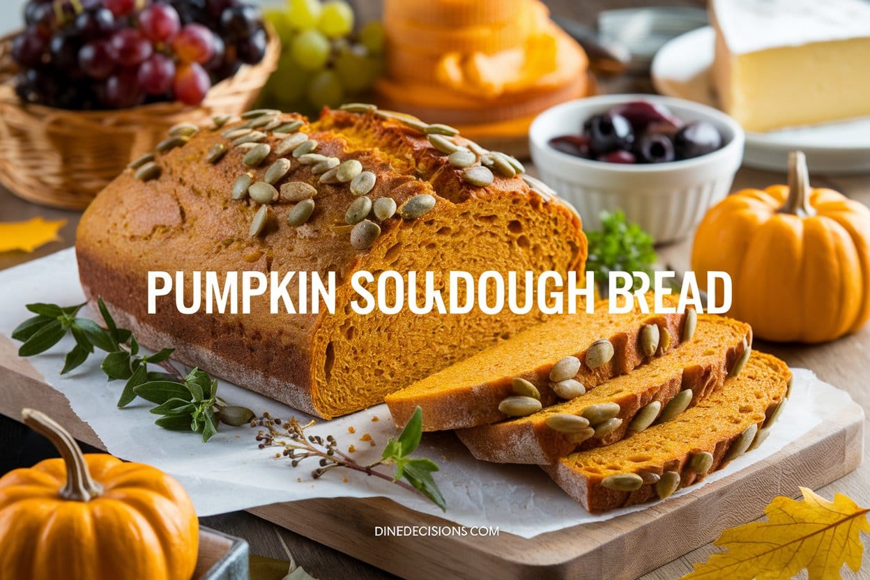 Golden-brown pumpkin sourdough loaf sliced on a wooden board, garnished with fresh herbs and pumpkin seeds. Surrounding the bread are grapes, olives, and cheese, with the title "pumpkin sourdough bread" centered and "dinedecisions.com" in the footer.