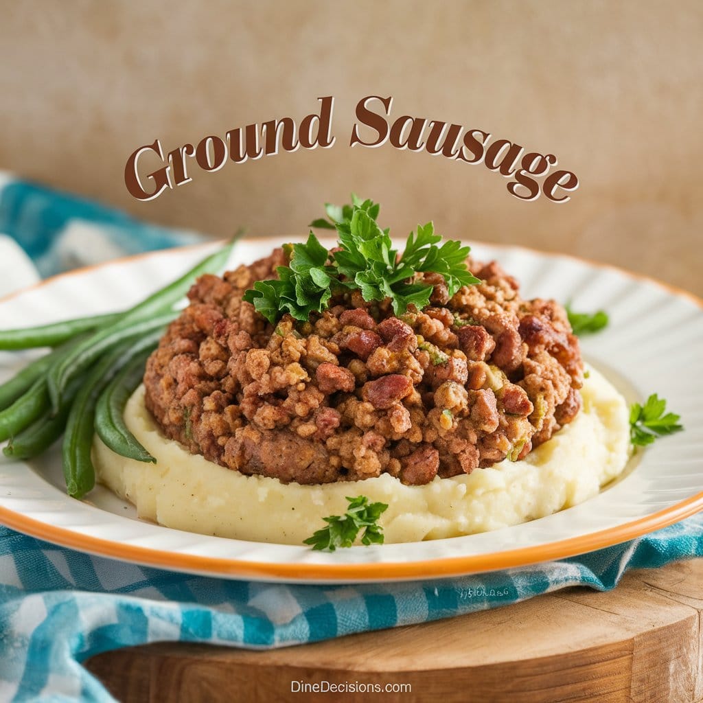 A bright ground sausage dish with perfectly cooked sausage on creamy mashed potatoes, garnished with fresh parsley and accompanied by steamed green beans. Served on a wooden board against a beige wall, featuring the title "Ground Sausage" in bold cursive and the footer "dinedecisions.com".