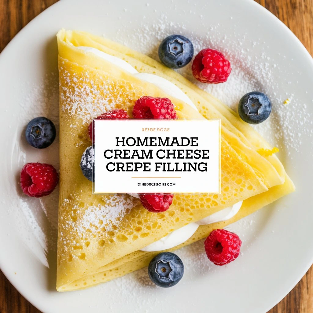 A photo of a homemade cream cheese crepe filled with cream cheese, sugar, and vanilla, garnished with powdered sugar and fresh berries. Served on a white plate with a drizzle of lemon juice, the scene is bright and warm. The title "[Homemade Cream Cheese Crepe Filling Recipe]" appears in bold at the center, with "dinedecisions.com" in the footer.