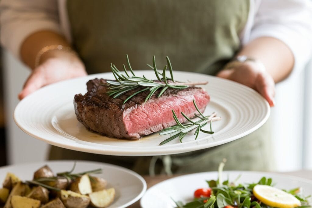 A woman serving a perfectly cooked Bavette steak, garnished with fresh herbs, on a white plate. The dish is accompanied by simple sides, including roasted potatoes and green beans. The background features a warm, inviting dining area with a wooden table and chairs.