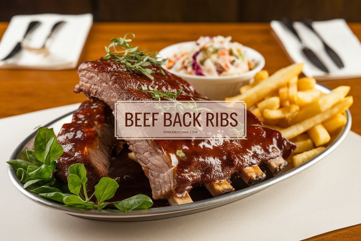 "A warm and inviting image of Beef Back Ribs, perfectly cooked with glossy BBQ sauce and tender, fall-off-the-bone meat. The ribs are garnished with fresh herbs and served on a platter alongside creamy coleslaw and crispy French fries. The background features a wooden table with a simple setting. The text 'Beef Back Ribs' is boldly displayed at the center, with a footer at the bottom reading 'dinedecisions.com'."