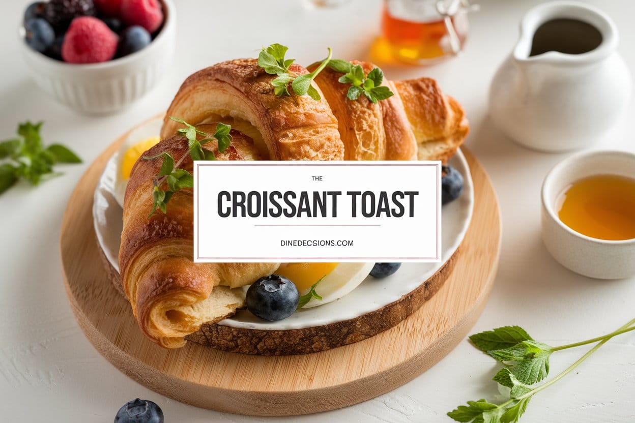 A bright, warm, and inviting image of a croissant toast dish. The croissant toast is cooked to perfection and is garnished with fresh herbs and complementary ingredients. The toast is placed on a wooden board. There are simple and classic sides, such as a bowl of fresh berries and a pot of honey. The overall scene highlights the appeal and simplicity of croissant toast. The title "Croissant Toast" is written in bold text at the center, and the footer contains the text "dinedecisions.com".