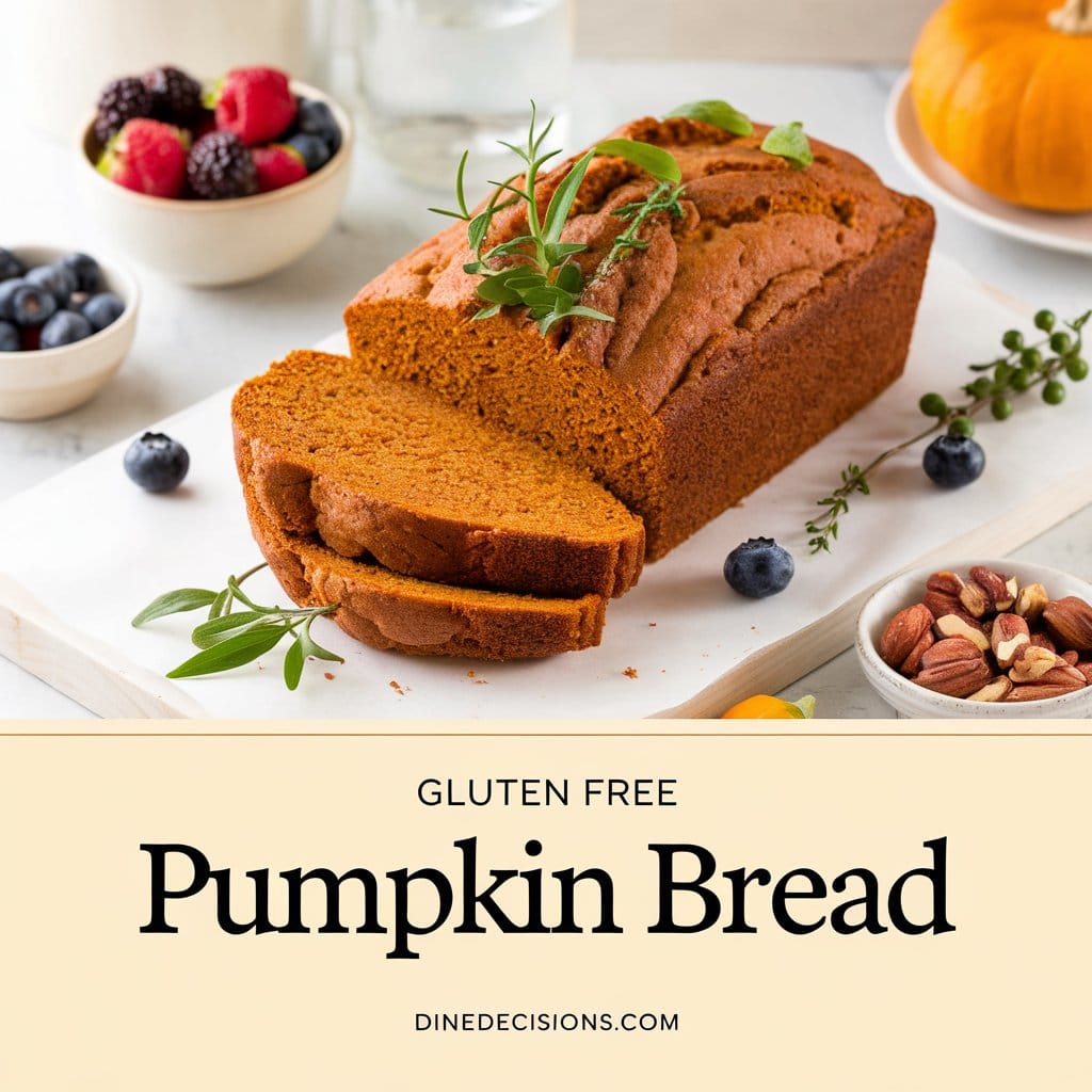 A bright and inviting gluten-free pumpkin bread dish garnished with fresh herbs, accompanied by a bowl of fresh berries and a small plate of nuts on a clean, minimalistic background. The title 'gluten free pumpkin bread' is centered, with 'dinedecisions.com' subtly placed in the footer."