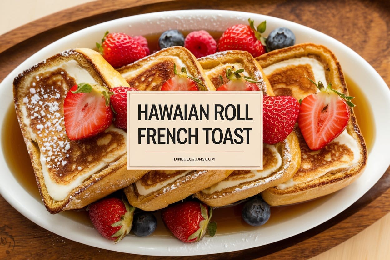 An inviting dish of Hawaiian roll French toast, perfectly toasted and filled with a creamy cream cheese mixture. Garnished with fresh strawberries and a dusting of powdered sugar, it is served alongside syrup and a medley of fresh berries. The presentation rests on a wooden serving tray, exuding warmth and charm. Bold text reading 'Hawaiian Roll French Toast' is centered, with 'dinedecisions.com' subtly displayed in the footer.