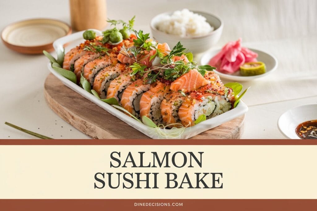 A bright and inviting salmon sushi bake dish, cooked to perfection and garnished with fresh herbs. Served with a bowl of rice and pickled vegetables, placed on a wooden board with a clean, minimalistic background. The title "Salmon Sushi Bake" is in bold text at the center, and the footer reads "dinedecisions.com".