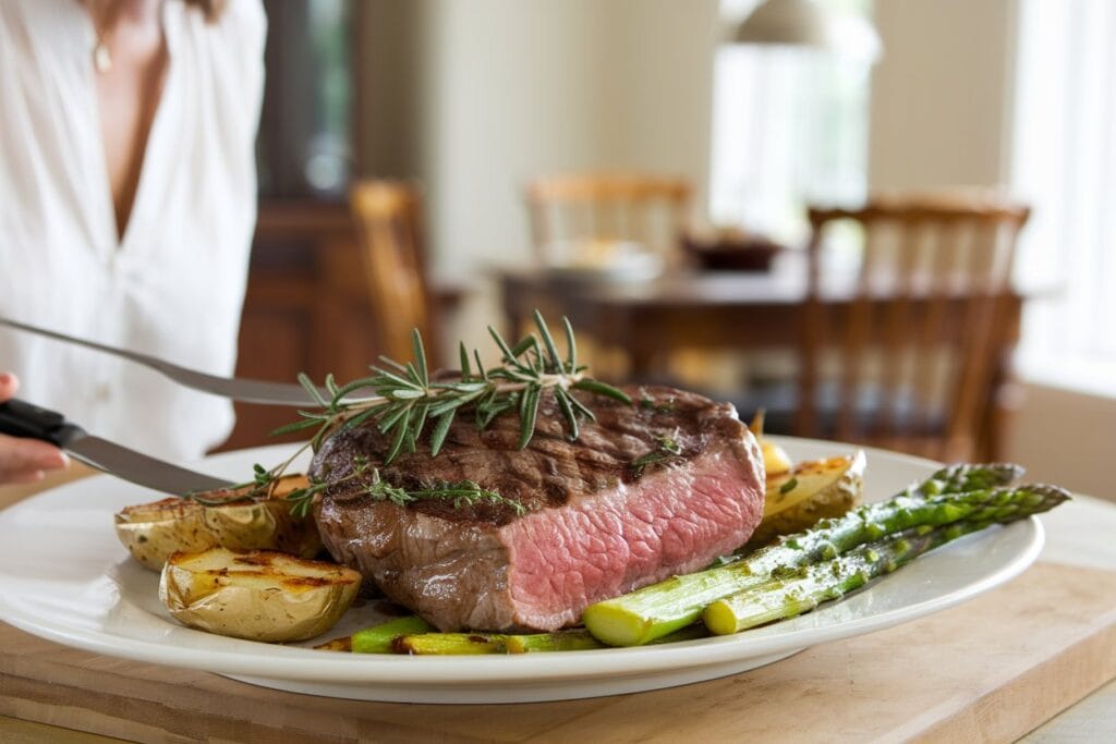 A woman serving a dish of perfectly cooked Chuck Eye Steak, garnished with fresh herbs, alongside mashed potatoes and roasted vegetables. She is wearing a red uniform and white apron. The warm, inviting dining room features a wooden table, chairs, and a potted plant, with bright lighting.