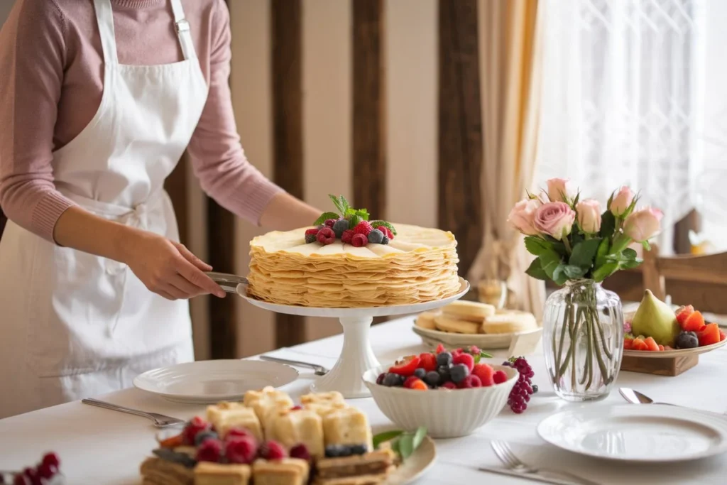 A woman in a white apron and black shirt serves a mille crepe cake, layered with thin pancakes and custard filling. The cake is garnished with fresh blueberries and powdered sugar. The warm kitchen background features a wooden table and beige cabinets.