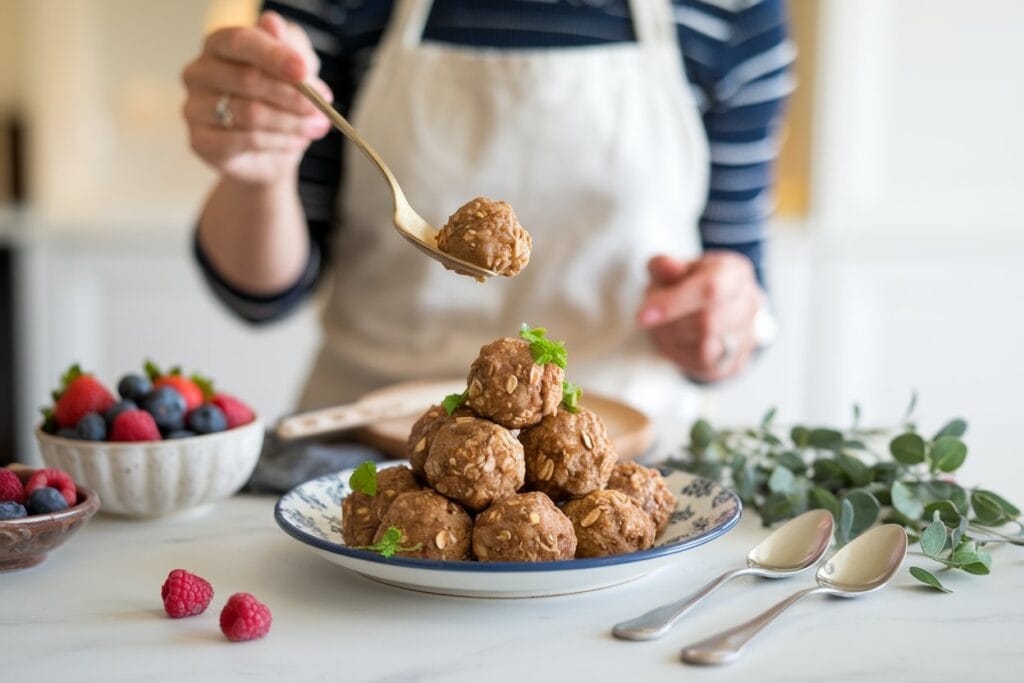 A woman serving a dish of peanut butter and oatmeal balls, garnished with fresh herbs. She wears an apron and has short, dark hair. The kitchen is bright, warm, and inviting with a wooden table, pots, and a window with a curtain.