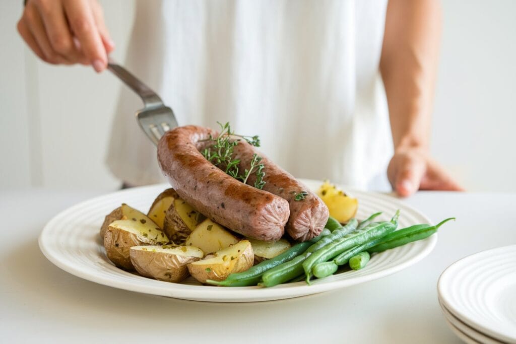 "A woman serving a perfectly cooked beef sausage dish, garnished with fresh herbs, atop a bed of sautéed onions and mushrooms. The plate is accompanied by a simple green salad with vinaigrette and a slice of crusty bread. The warm, inviting kitchen setting features a white tablecloth, enhancing the cozy atmosphere."