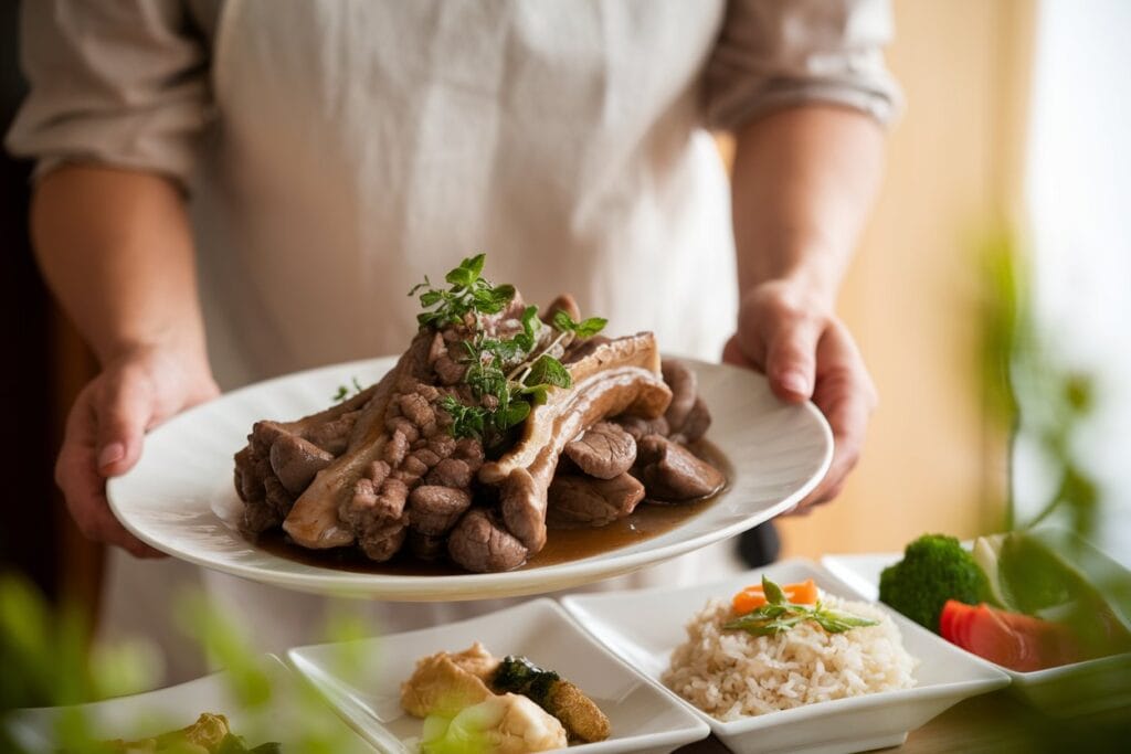 "A warm and inviting image of a woman in a white uniform and hairnet serving a perfectly cooked beef tendon dish, garnished with fresh herbs. The table, set with a white tablecloth, also features a bowl of rice, a bowl of vegetables, and a few utensils."