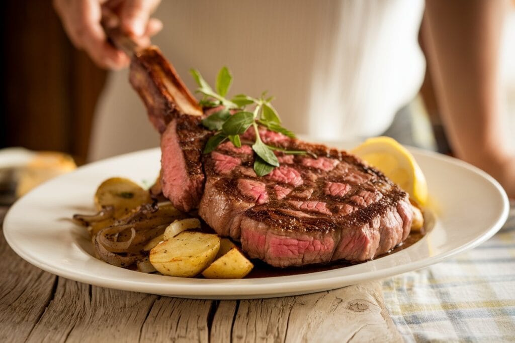 A woman serving a perfectly cooked Picanha steak, garnished with fresh herbs. The steak is presented with simple, classic sides that complement the main dish. The scene is bright, warm, and inviting, with soft lighting that enhances the delicious meal.