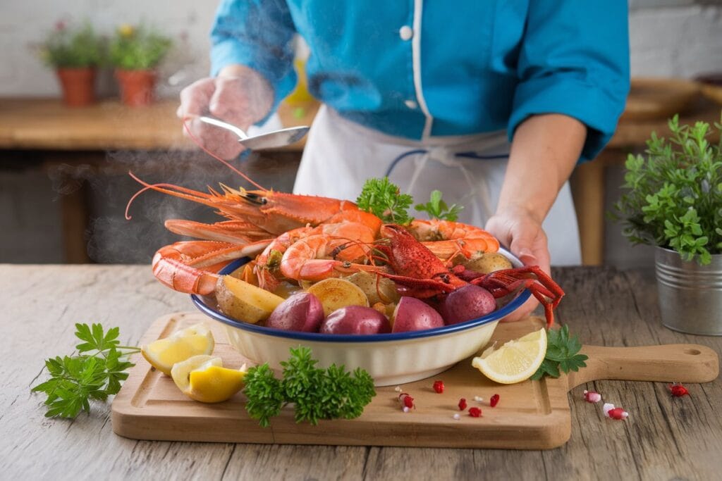 A woman serving a dish of seafood boil from a large pot placed on a wooden surface. The seafood is cooked to perfection and garnished with fresh herbs, lemons, corn on the cob, and red potatoes. Small bowls with sauces are placed nearby. The cozy kitchen background features rustic charm, with warm, inviting lighting.