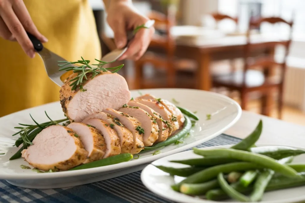 A woman serving a plate of thin sliced chicken breast, cooked to perfection and garnished with fresh herbs. The dish is accompanied by classic sides such as roasted vegetables and mashed potatoes. The setting is bright and warm, creating an inviting atmosphere that highlights the delicious meal.