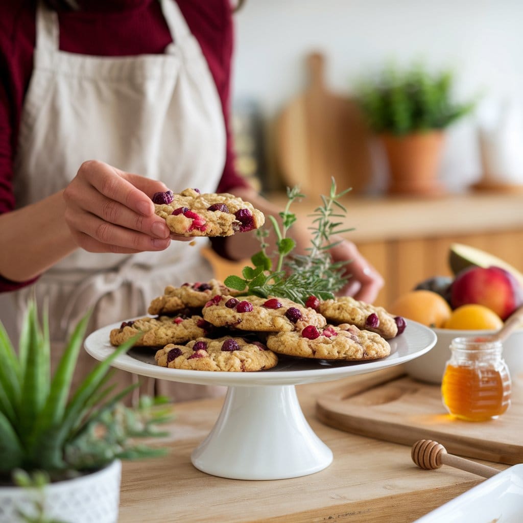 A bright, warm, and inviting image of a woman serving a dish of cranberry oatmeal cookies. The cookies are cooked toperfection and are garnished with fresh herbs. The woman is wearing an apron and has a warm smile. The background contains simple and classic sides, such as a bowl of fresh fruit and a jar of honey. The overall scene is set in a cozy kitchen with wooden elements and a few potted plants.