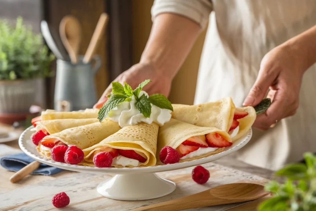 A woman serving a plate of crepes filled with fresh berries and whipped cream, garnished with a lemon wedge and powdered sugar, against a bright and warm table setting with a fork, knife, and white plate in the background.