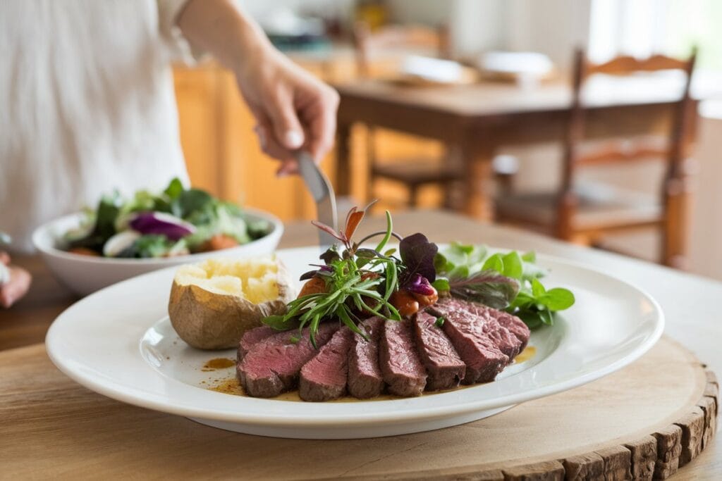 A bright, warm, and inviting image of a woman serving a dish of blue steak. The main dish is cooked to perfection and is garnished with fresh herbs and complementary ingredients. The simple and classic sides include a baked potato and a green salad. The background is a cozy kitchen with a wooden table and chairs.