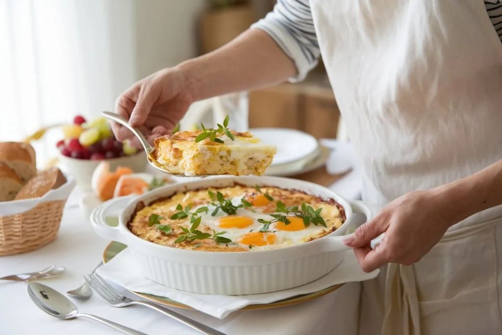 "Smiling woman in a white apron serving a golden egg casserole with cottage cheese, garnished with fresh herbs, on a beautifully set table."