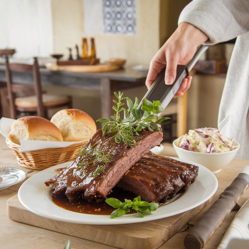 "A warm and inviting image of a woman serving a perfectly cooked dish of beef back ribs, tender and juicy, garnished with fresh rosemary and thyme. The dish is accompanied by roasted potatoes and grilled asparagus. The rustic kitchen background features a wooden table and cooking utensils, with bright, warm lighting creating a cozy atmosphere."