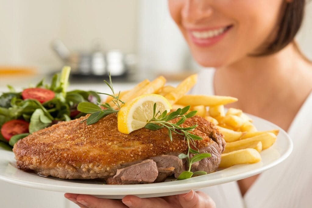 "A woman serving a perfectly cooked dish of Crispy Beef Milanesa, beautifully garnished with fresh herbs. The main dish is accompanied by classic sides, such as golden roasted potatoes and a fresh green salad. The scene is bright and inviting, with a warm ambiance that highlights the delicious meal."