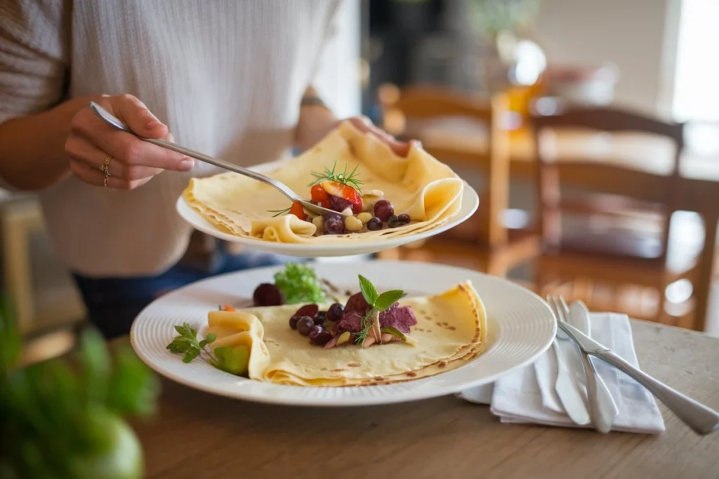 A bright and warm image of a woman serving a plate of Alton Brown crepes, perfectly cooked and filled with a sweet chocolate and butter mixture, garnished with fresh raspberries and powdered sugar. The plate includes a side of grilled asparagus spears, set against a clean white background.