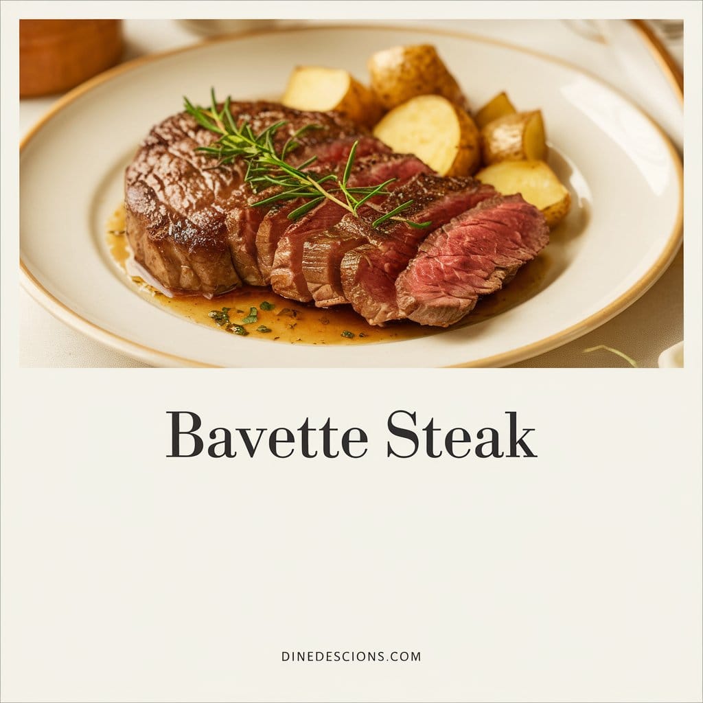 A woman serving a perfectly cooked Bavette steak, garnished with fresh herbs, on a white plate. The dish is accompanied by roasted potatoes and green beans. The background showcases a warm, inviting dining area with a wooden table and chairs."