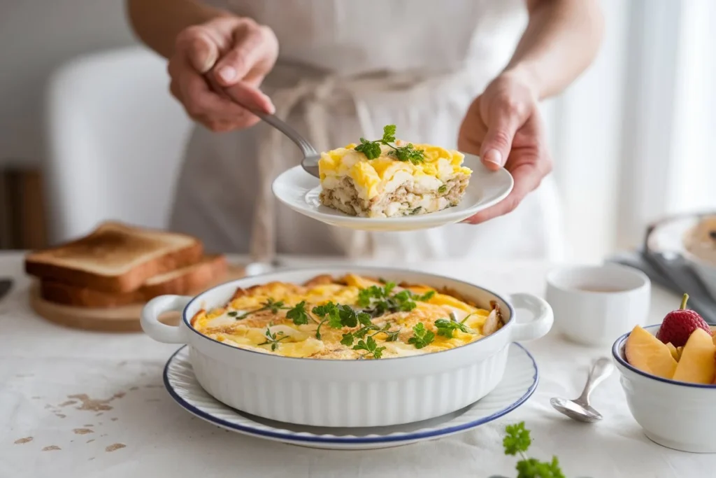 "Smiling woman in a white apron serving a golden egg casserole with cottage cheese, garnished with fresh herbs, on a beautifully set table."