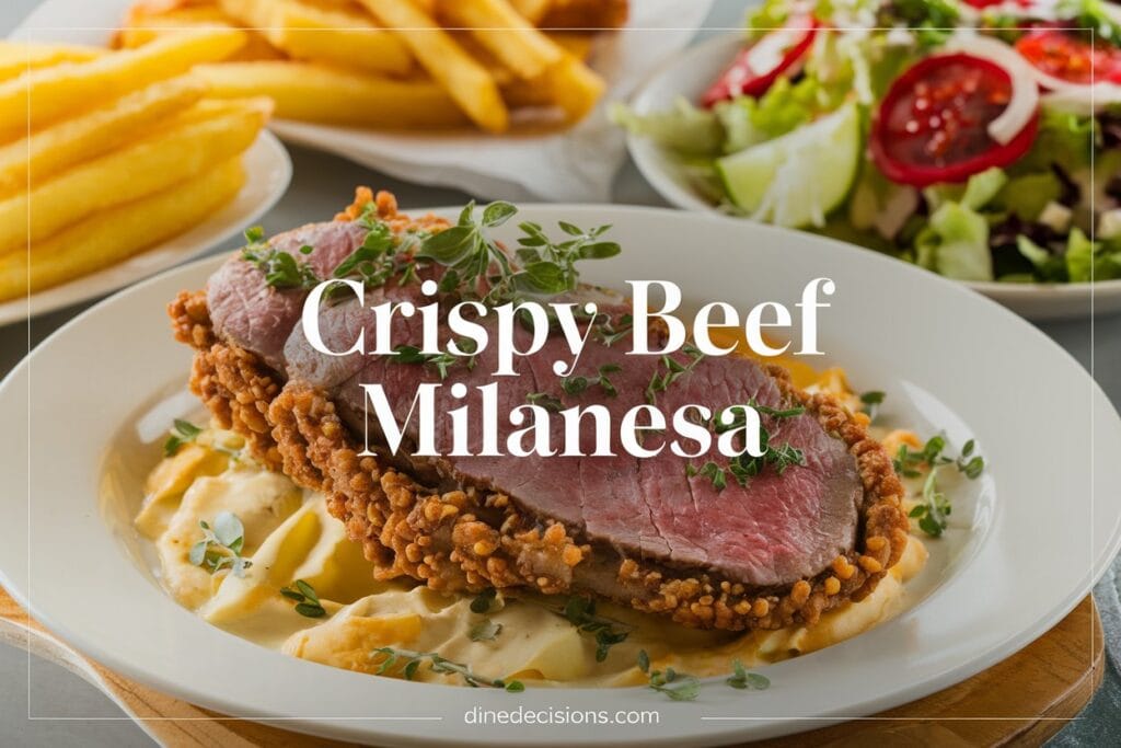 "An inviting image of a perfectly cooked crispy beef Milanesa, garnished with fresh herbs. Accompanied by golden French fries and a refreshing salad, this dish exudes warmth and deliciousness. The title 'Crispy Beef Milanesa' stands prominently at the center, while a clean footer at the bottom reads 'dinedecisions.com'."