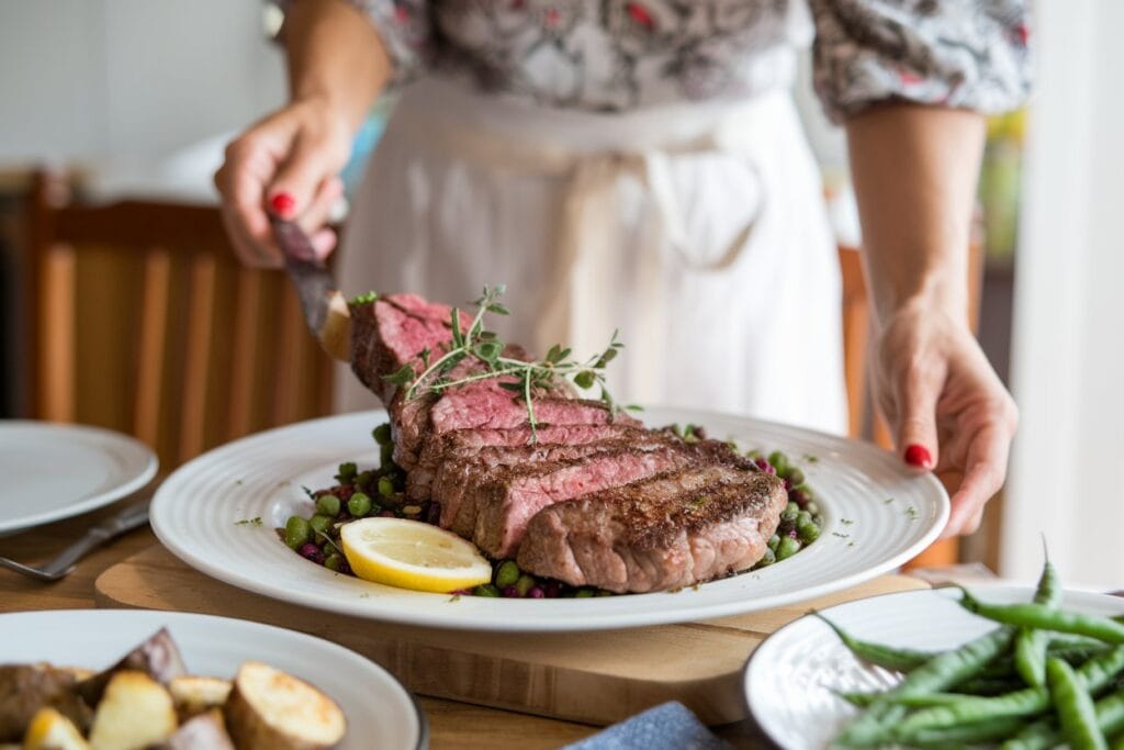 A woman serving a perfectly cooked Picanha steak, garnished with fresh herbs. The steak is presented with simple, classic sides that complement the main dish. The scene is bright, warm, and inviting, with soft lighting that enhances the delicious meal.