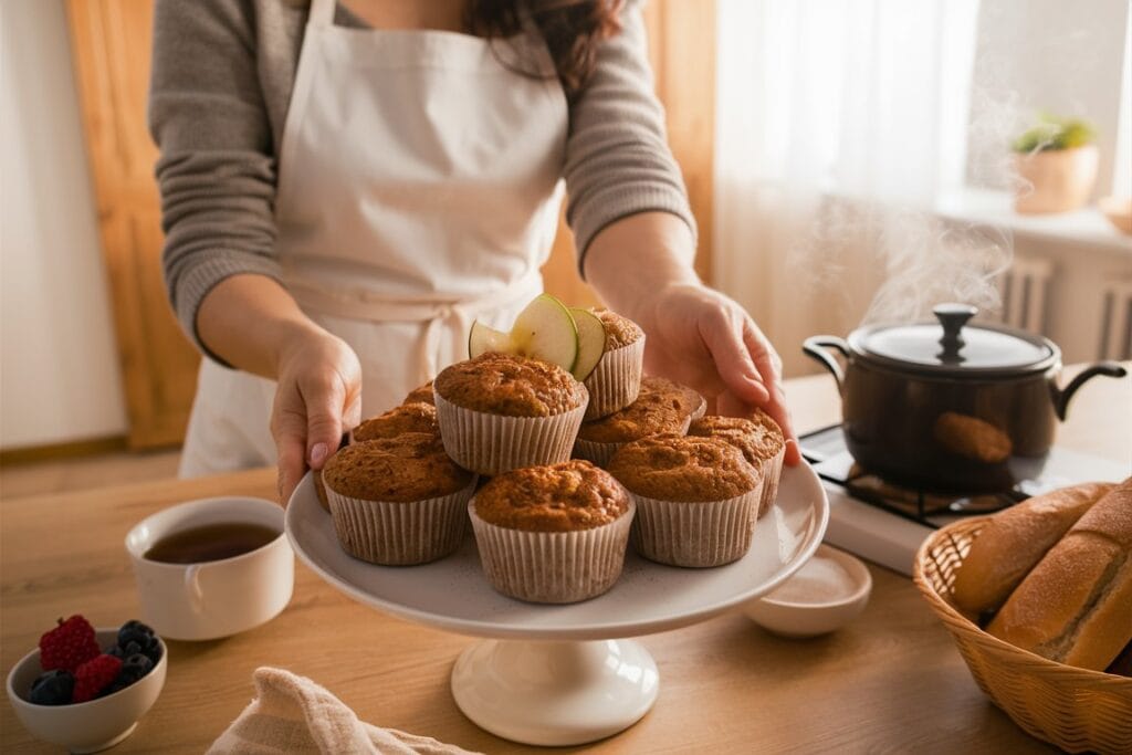 "A woman serving a plate of perfectly baked apple oatmeal muffins, garnished with fresh herbs. The scene includes classic sides like a glass of milk and fresh fruit, set in a bright, warm, and inviting atmosphere."