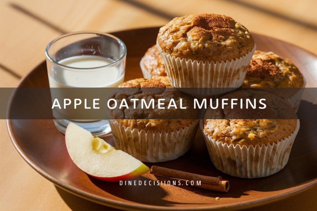 "A delectable photo of freshly baked apple oatmeal muffins, topped with a sprinkle of cinnamon, on a wooden plate. Served with a glass of milk and a slice of fresh apple, the scene is bathed in warm natural light. 'Apple Oatmeal Muffins' is displayed in bold text, with 'dinedecisions.com' subtly in the footer."