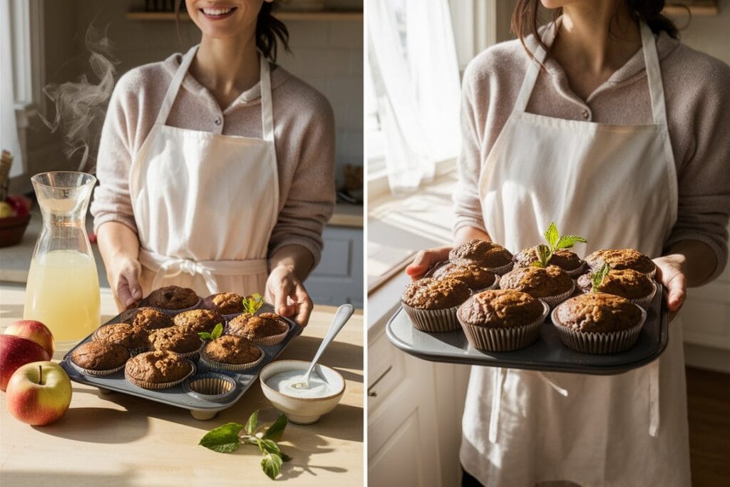 "A woman serving a plate of perfectly baked apple oatmeal muffins, garnished with fresh herbs. The scene includes classic sides like a glass of milk and fresh fruit, set in a bright, warm, and inviting atmosphere."