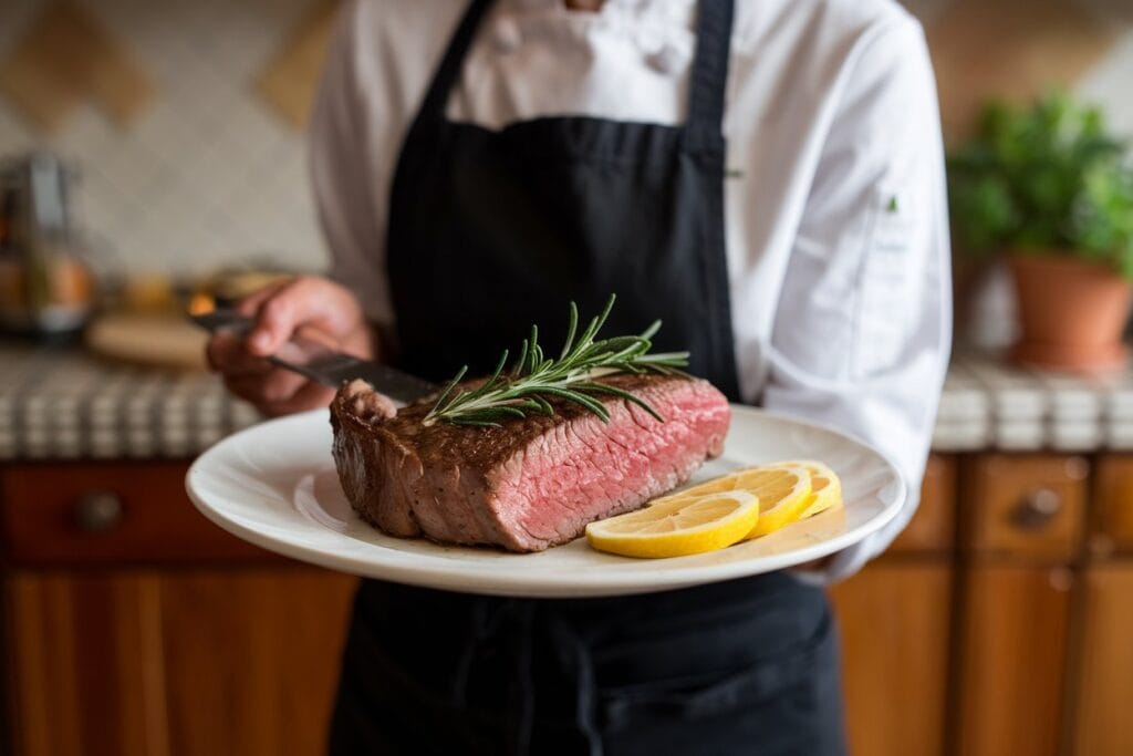 A woman serving a perfectly cooked Bavette steak, garnished with fresh herbs, on a white plate. The dish is accompanied by simple sides, including roasted potatoes and green beans. The background features a warm, inviting dining area with a wooden table and chairs.