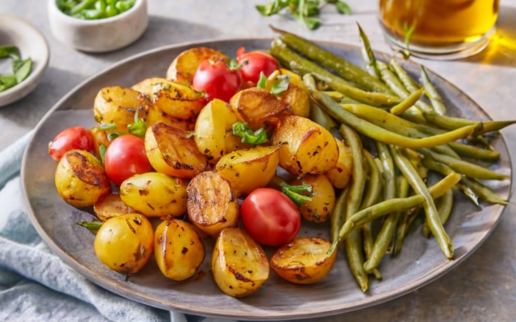 "Golden, crispy air fryer potatoes stacked on a rustic wooden platter, surrounded by fresh green cherry tomatoes and tender steamed green beans. Chopped parsley adds a vibrant touch, with warm sunlight streaming in to highlight the dish. The text 'Air Fryer Potatoes' is centered boldly, while 'dinedecisions.com' appears subtly at the bottom in clean font