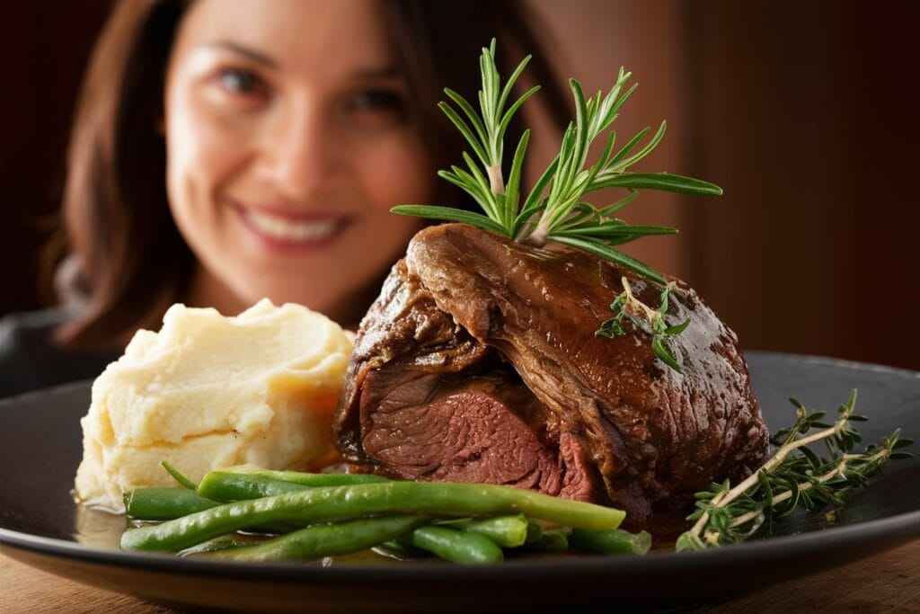 A talented female chef, wearing a stylish apron, elegantly presenting a beautifully cooked Beef Liver dish on a pristine white plate. The liver is perfectly cooked with a touch of pink in the center, garnished with fresh thyme and a lemon wedge. The dish is accompanied by creamy garlic mashed potatoes and a bundle of steamed asparagus. The bright, sunny kitchen features wooden flooring, white cabinets, and a large window letting in natural sunlight, creating a warm, inviting atmosphere.