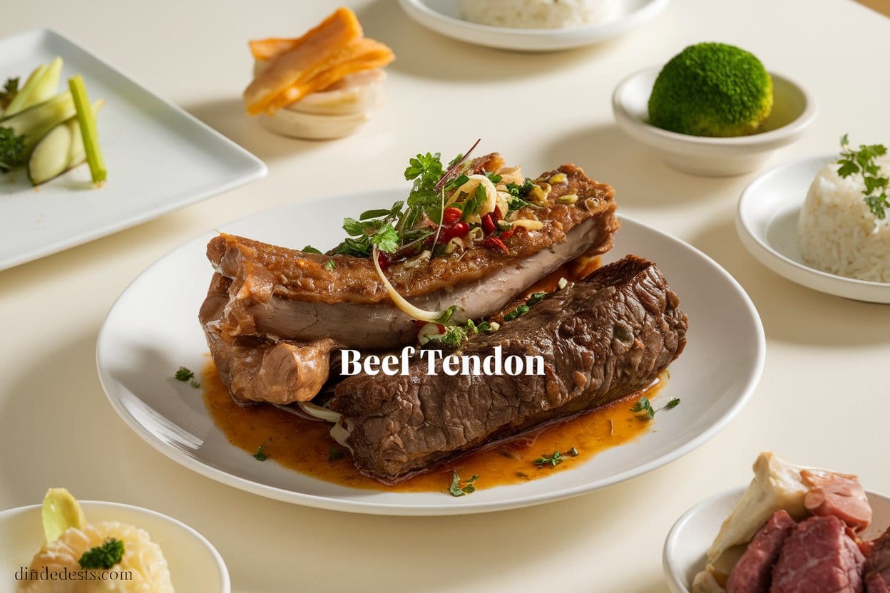 "A bright and inviting photo of a perfectly cooked beef tendon dish, with a golden-brown crust and tender, chewy interior. Garnished with fresh herbs, the dish is served on a white plate with steamed vegetables and rice on the side. The background is clean and minimalistic, highlighting the simplicity and appeal of the beef tendon. The title 'Beef Tendon' is boldly displayed at the center, with a footer at the bottom reading 'dinedecisions.com'."