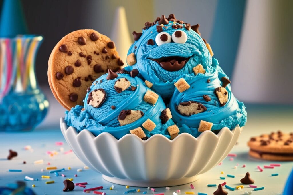 A bowl of Cookie Monster ice cream with vibrant blue swirls and cookie chunks. The soft, creamy ice cream is topped with mini chocolate chips and a cookie on the side. The playful, whimsical scene features colorful sprinkles and crumbs in the background, with soft lighting highlighting the texture of the ice cream. The rich blue color of the ice cream contrasts with the white bowl, creating a joyful, sweet atmosphere