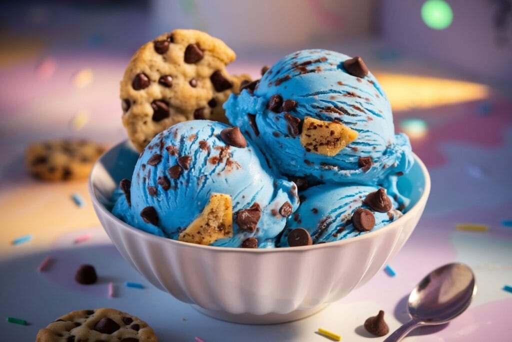 A bowl of Cookie Monster ice cream with vibrant blue swirls and cookie chunks. The soft, creamy ice cream is topped with mini chocolate chips and a cookie on the side. The playful, whimsical scene features colorful sprinkles and crumbs in the background, with soft lighting highlighting the texture of the ice cream. The rich blue color of the ice cream contrasts with the white bowl, creating a joyful, sweet atmosphere