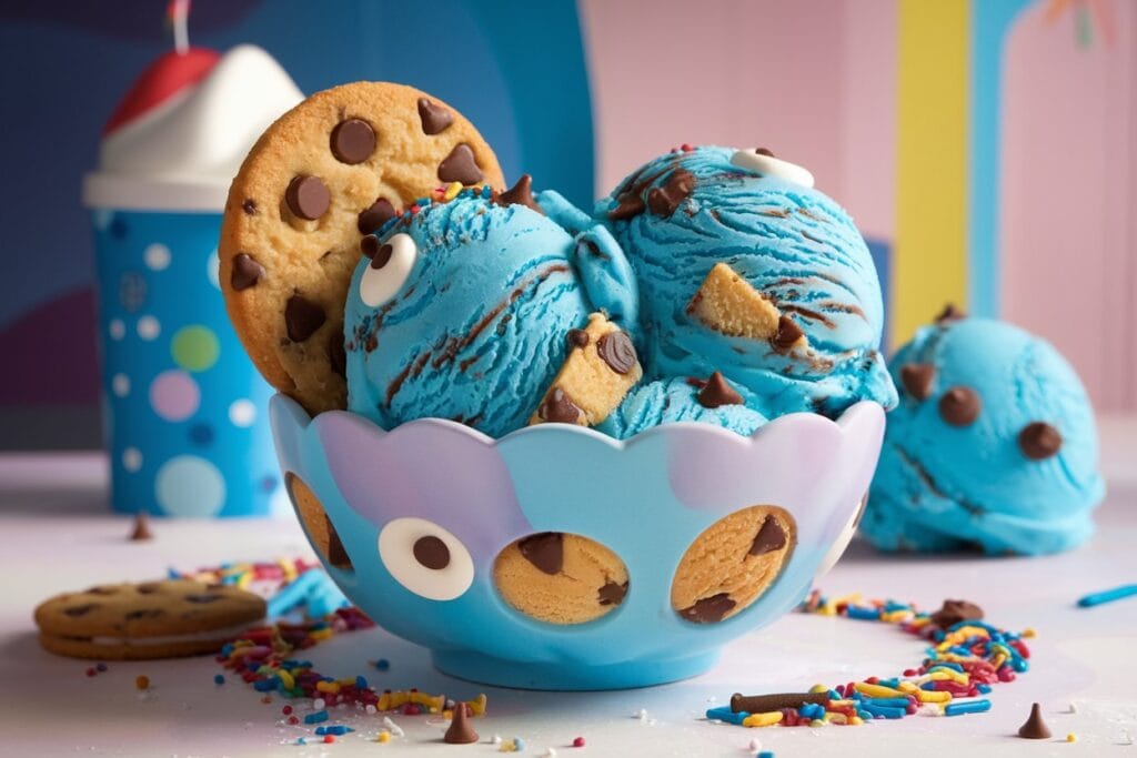 A bowl of Cookie Monster ice cream with vibrant blue swirls and cookie chunks. The soft, creamy ice cream is topped with mini chocolate chips and a cookie on the side. The playful, whimsical scene features colorful sprinkles and crumbs in the background, with soft lighting highlighting the texture of the ice cream. The rich blue color of the ice cream contrasts with the white bowl, creating a joyful, sweet atmosphere