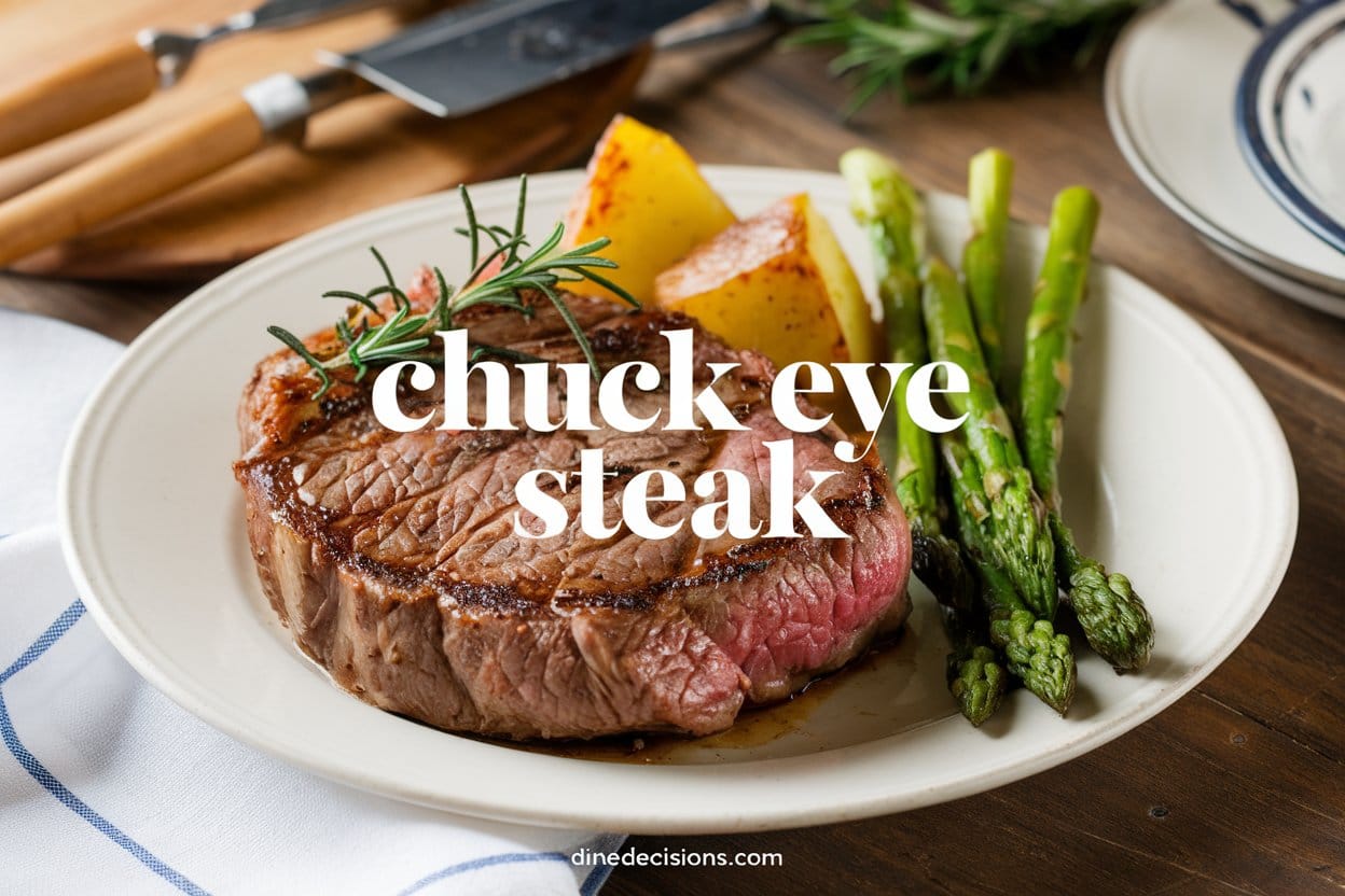 A photo of a Chuck Eye Steak, cooked to perfection with a golden-brown sear on the outside and a pinkish-red interior, garnished with fresh rosemary sprigs. The plate also includes roasted potatoes and steamed asparagus. The background features a wooden table and cooking utensils, with a bright, warm, and inviting atmosphere. The text "Chuck Eye Steak" is displayed in large, bold letters at the center, and the footer contains the text "dinedecisions.com".